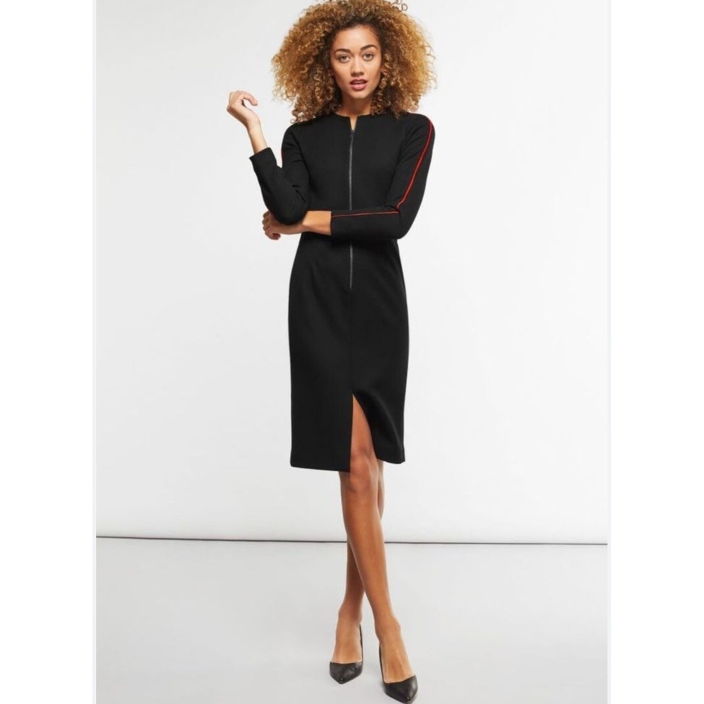 CEFINN London Black Zip Front Pencil Sheath Dress Knee Length Size 2 NWT